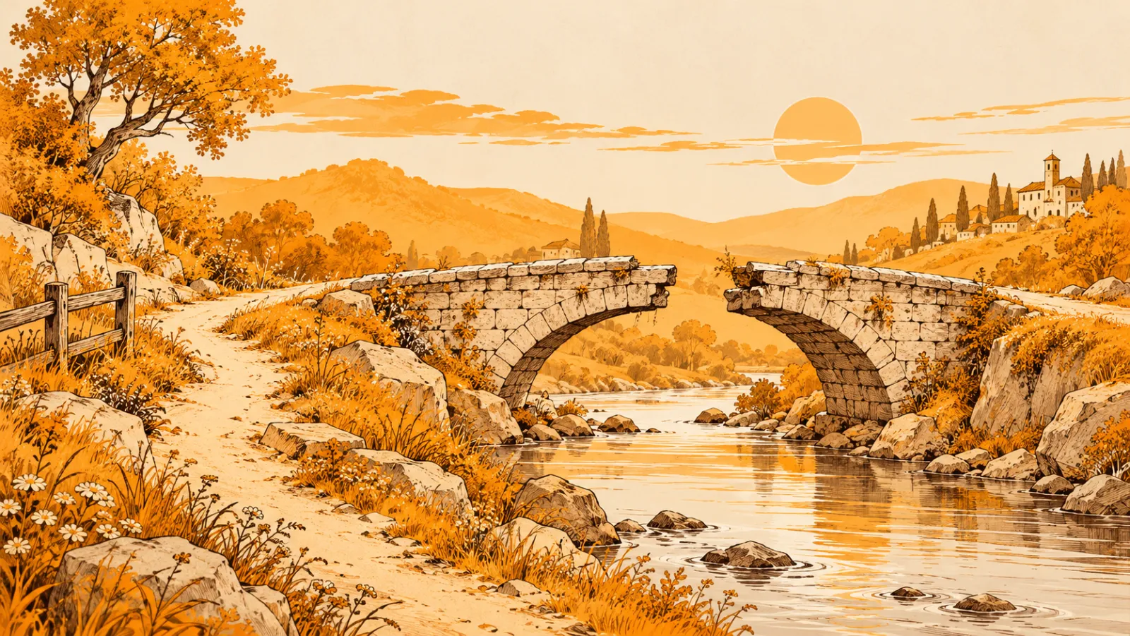 A broken stone bridge over a stream, its path cut in the middle