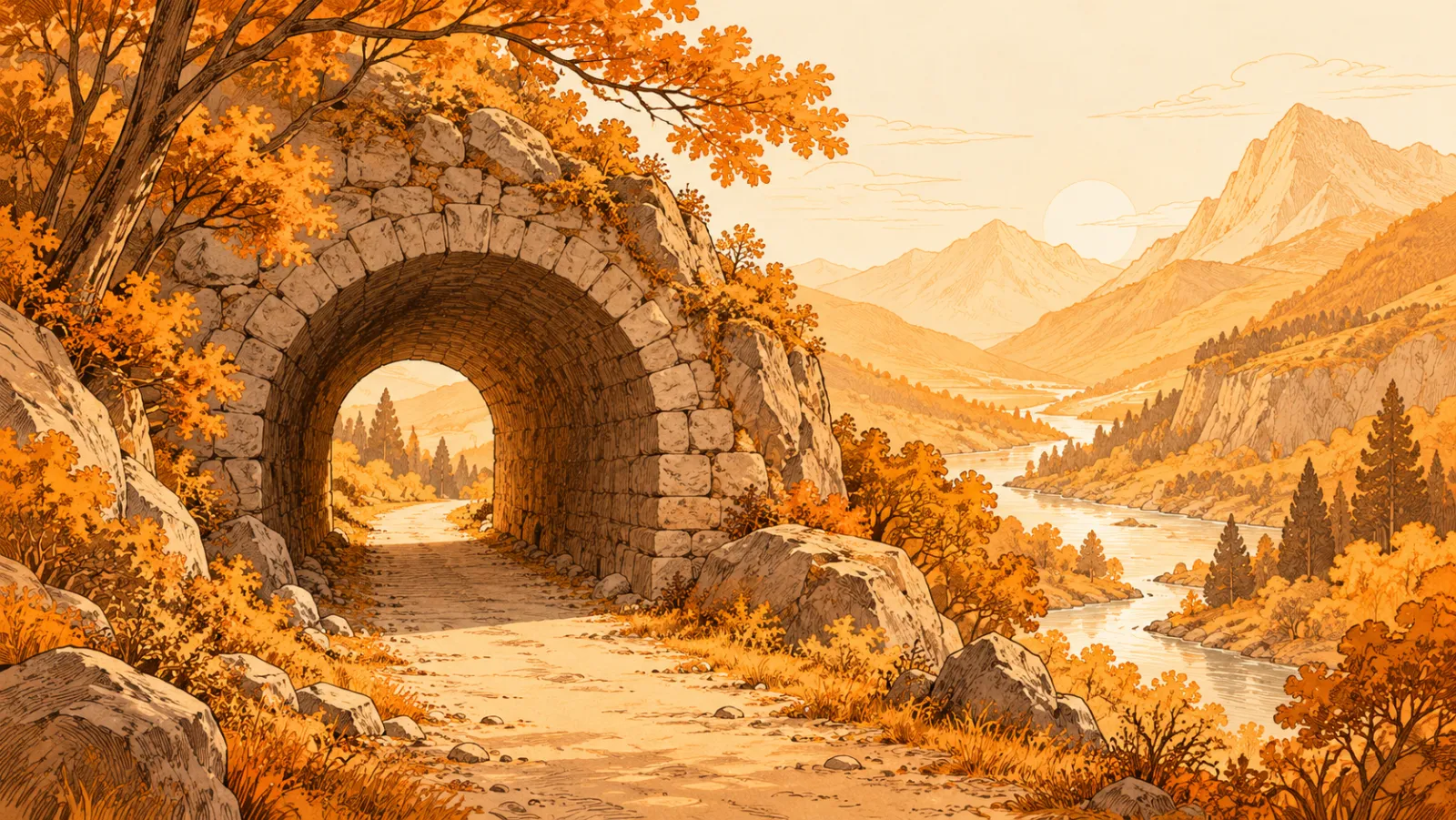 A path leading through a stone tunnel in a hillside towards the mountains
