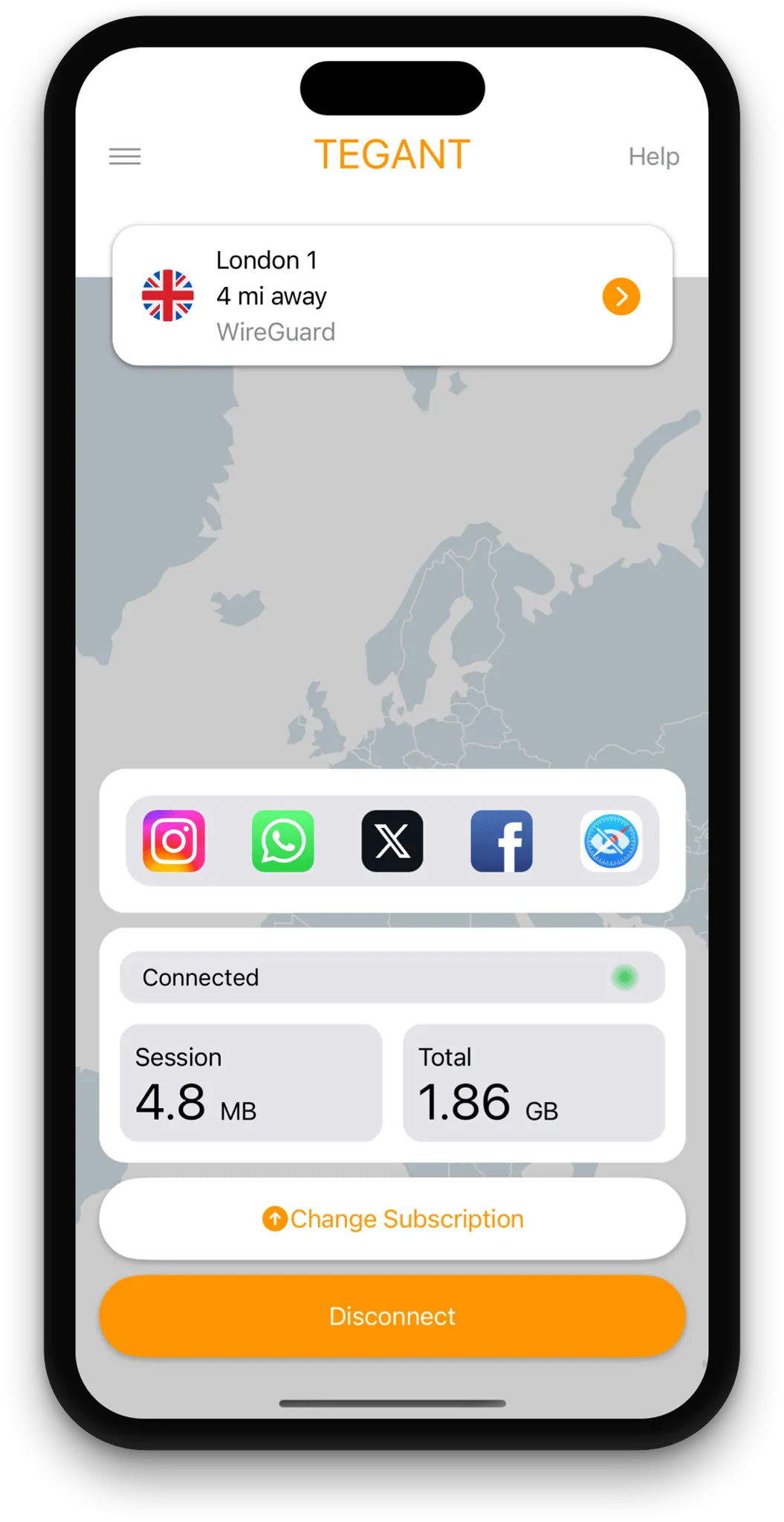 Tegant VPN Main Screen