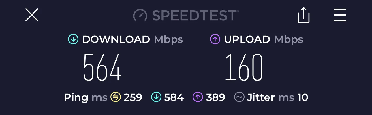 Tegant VPN Benchmark: London to Tokyo - Download: 564 Mbps, Upload: 160 Mbps, Ping: 259 ms