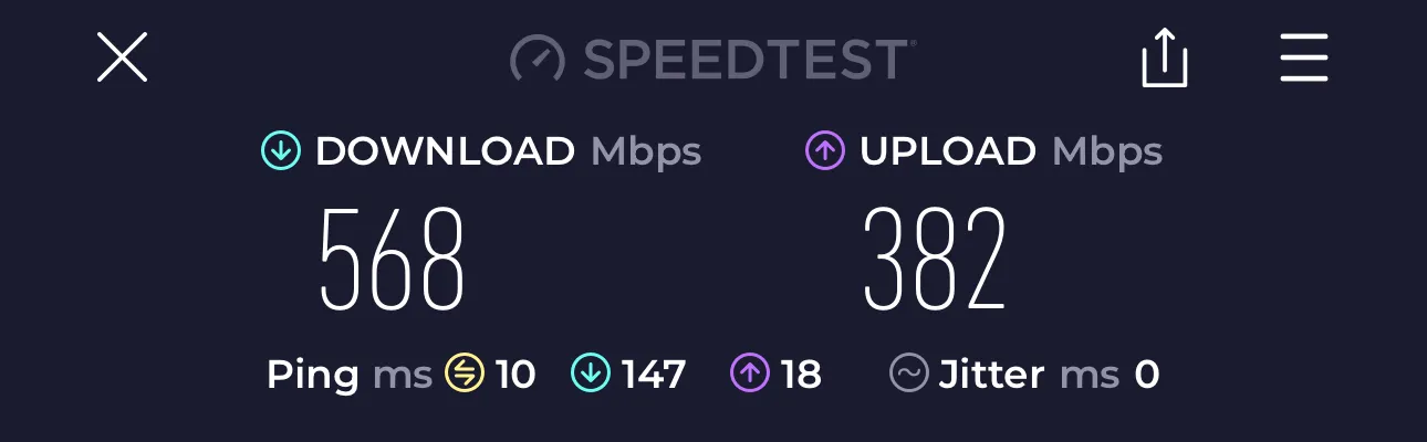 Tegant VPN Benchmark: London to London - Download: 568 Mbps, Upload: 382 Mbps, Ping: 10 ms