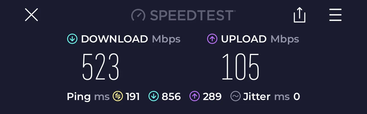 Tegant VPN Benchmark: London to Fujairah - Download: 523 Mbps, Upload: 105 Mbps, Ping: 191 ms