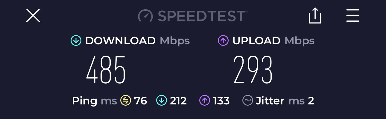 Tegant VPN Benchmark: London to New York - Download: 485 Mbps, Upload: 293 Mbps, Ping: 76 ms